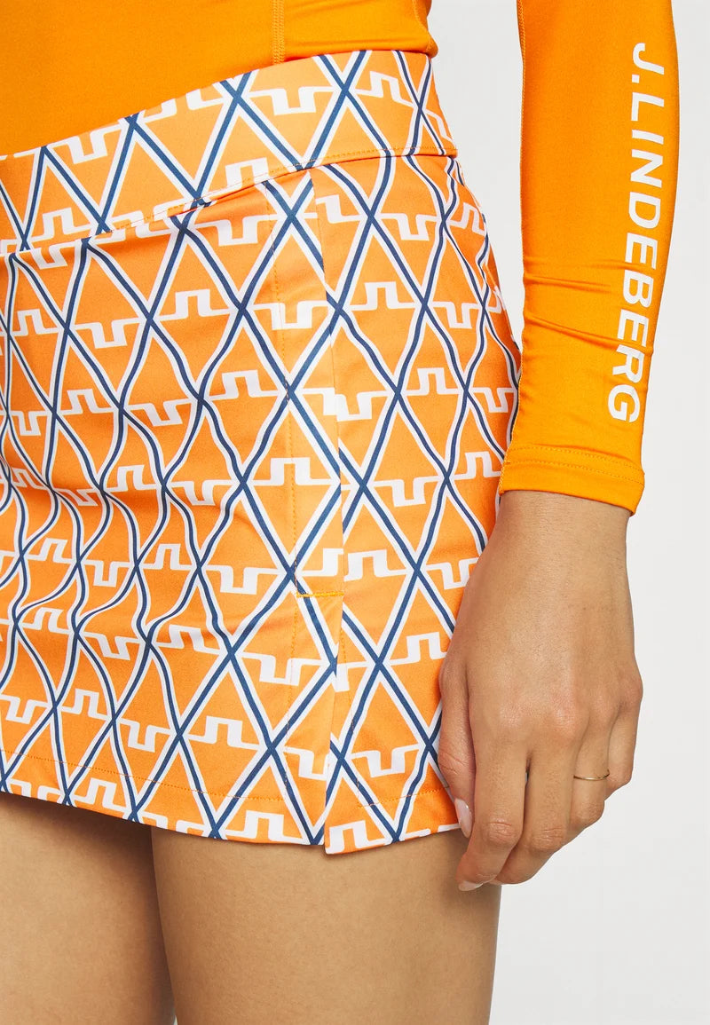 【特價】J LINDEBERG女款 Amelie 印花高爾夫裙褲幾何鑽橘-GWSD08832